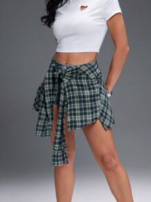 Denimoi 夏季休闲格纹系腰牛仔短裤