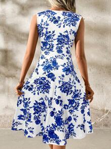 SHEIN Clasi Women's Elegant Sleeveless V-Neck Twist Floral Print Fitted A-Line Mini Dress, Summer Holiday Dress,Bohemian Clothes - Blue - View 2