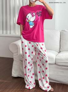 HELLO KITTY | DAZY 可爱卡通全印花上衣和波尔卡圆点全印花直腿睡裤套装，女士睡衣套装 - 玫紅色 - 查看 5