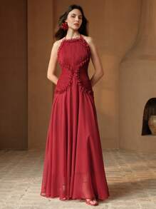 Anewsta Elegante abito midi rosso con spallina a spaghetti, vita arricciata e balza, abito da festa formale di alta qualità mini