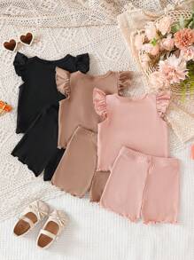 SHEIN Playful Pals 6 件套女童婴儿荷叶边圆领多色上衣和松紧腰短裤套装，可爱休闲，居家或外出穿着舒适，春夏秋 - 彩色 - 查看 2