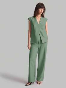 Ontre Nuevo top de chaleco casual de mujer de 2025 verano, con cuello en V, abotonadura frontal, hombreras, apropiado para bodas, conciertos, brunch, uso casual en el aeropuerto, estilo vintage de los 90, estilo de Estocolmo, Día de la Independencia Americana
