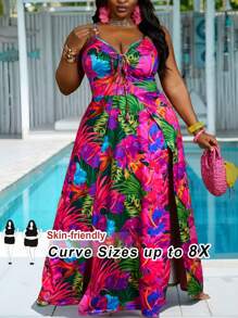 大码度假热带花卉印花细肩带紧身大开衩连衣裙，曲线加大码，Hoho 度假，飘逸连衣裙，女士太阳裙女士海滩装/沙滩裙/海滩度假装/海滩必备品/毕业/茶会礼服夏季/乡村/海滩度假装/海滩装/沙滩装 - 彩色 - 查看 1