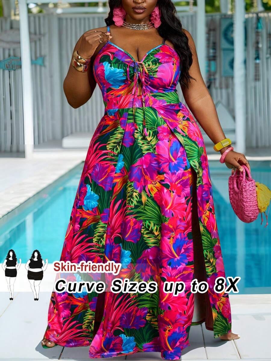 大码度假热带花卉印花细肩带紧身大开衩连衣裙，曲线加大码，Hoho 度假，飘逸连衣裙，女士太阳裙女士海滩装/沙滩裙/海滩度假装/海滩必备品/毕业/茶会礼服夏季/乡村/海滩度假装/海滩装/沙滩装 - 彩色 - 查看 1