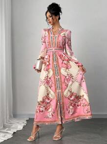 Modelyn Women's Floral Print V-Neck Long Sleeve Elegant Dress - Multicolor - View 4