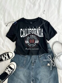 Attitoon 休闲复古风格学校徽章字母徽标印花短款女式 T 恤，适合夏季、运动季、学校 - 黑色 - 查看 3