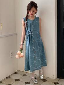 DAZY 女童牛仔无袖连体裙，蝴蝶印花，女童夏装，返校服 - 淺色水洗藍 - 查看 3