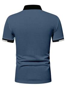 Manfinity Homme Men's Short Sleeve Button Half Polo Shirt With Print,Blue And White,Summer,Casual,Golf Polo Cotton Tshirts For Men - Dusty Blue - View 2