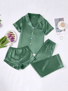 3 PiecesWomen's Contrast Color Trim Solid Color Faux-Silk Pajama Set - Dark Green - View 5