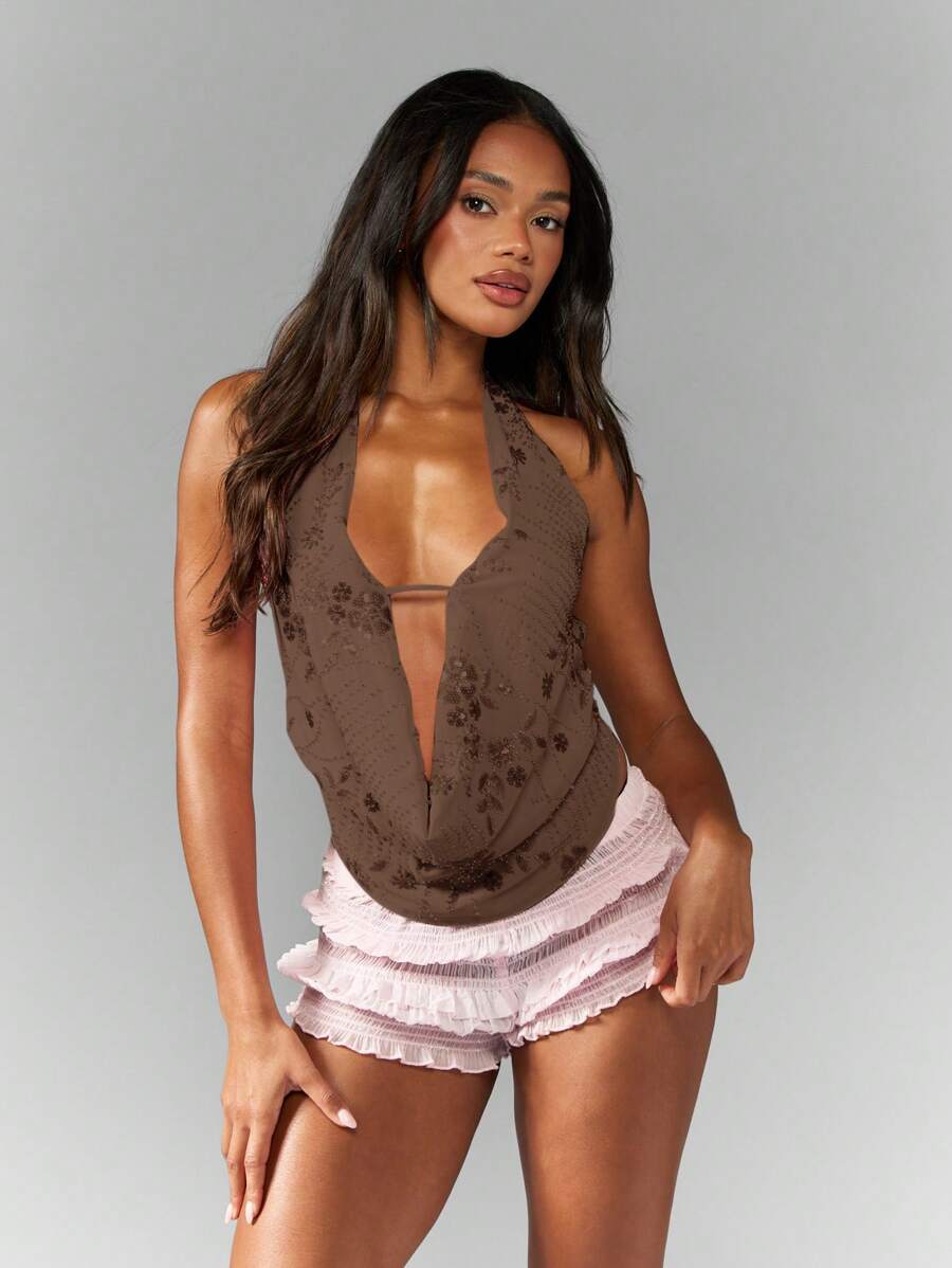 MISSGUIDED Sequin Deep Plunge Cowl Halter-Neck Top - Coffee Brown - View 1