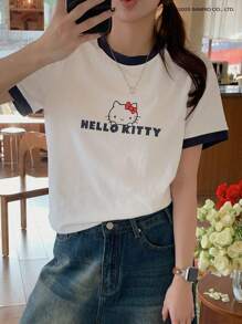 HELLO KITTY | DAZY IP撞色卡通印花短袖T恤，女款可爱上衣，教师款 - 白色 - 查看 4