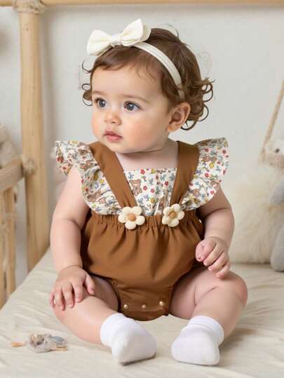 SHEIN Playful Pals بذلة أوفرول مزخرفة بالأزهار للأطفال البنات، بتصميم دب دب محبب وزهرات صغيرة، مناسبة للتصوير الفوتوغرافي لحديثي الولادة، على الطراز الكوري/الياباني