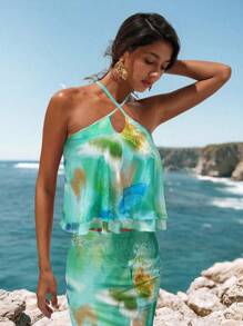 Opulessa Knitted Mesh Printed Halter Women Tank Top - Green - View 4