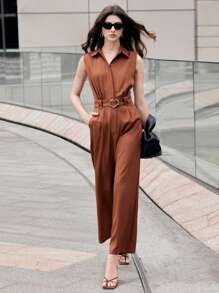 BizChic 2025 Summer New Music Festival Party Look, Versatile Spring/Summer Fashion, Suitable For Weddings, Brunch, Casual/Work Outfits, Office, Date - Women Elegant Sleeveless Jumpsuit With Shirt Collar, Metal Buckle Belt, Brown - Coffee Brown - View 12