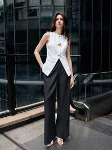 BizChic 女士优雅日常工作约会度假毕业典礼金属扣白色背心无袖露肩西装外套，适合春夏季 - 白色 - 查看 9