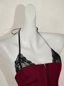 SHEIN ICON Fitted Lace 2 In 1 Halter Neck Women Tank Top Goth Goth - Burgundy - View 4