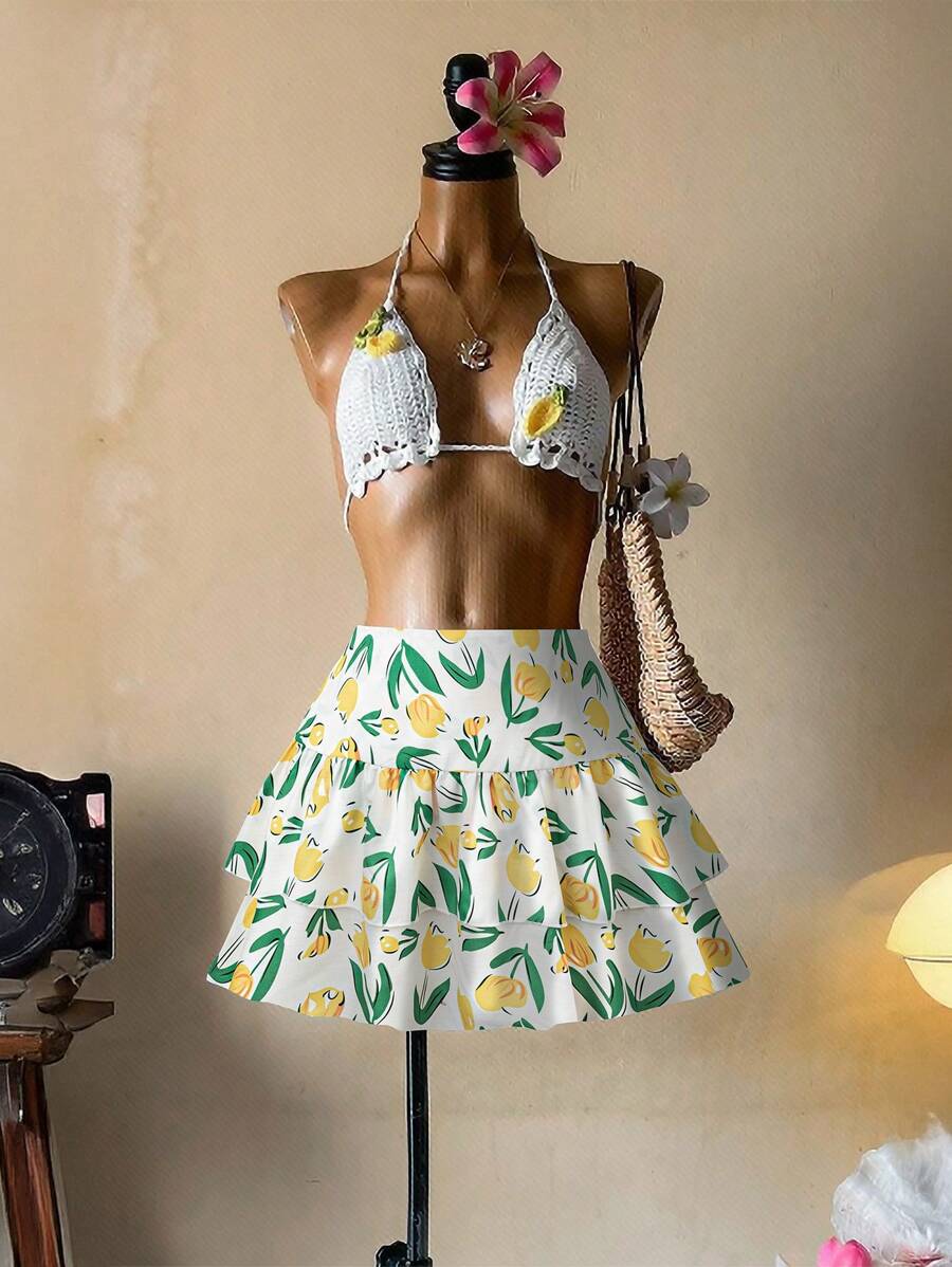Flirla Falda de talla grande con dobladillo de doble capa, estilo vacacional - Multicolor - Ver 1
