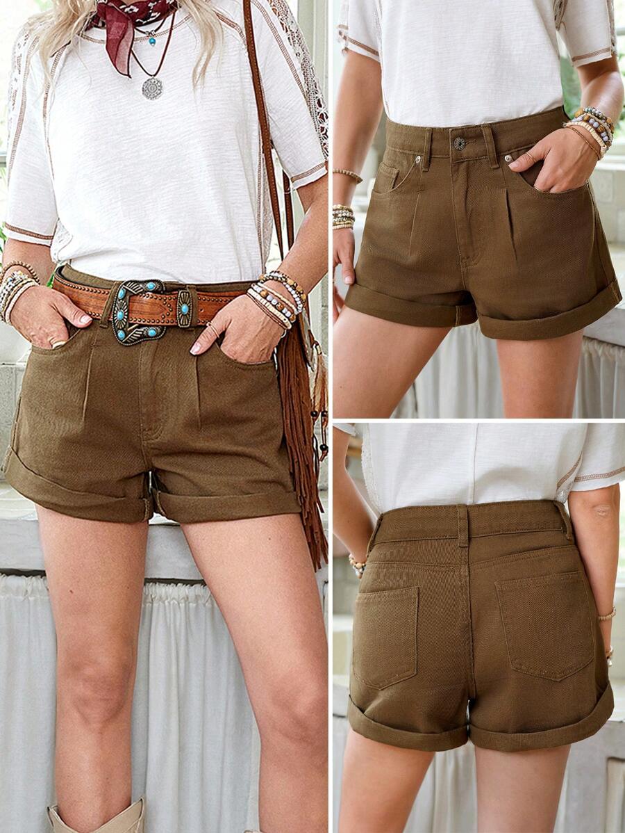 LanaWest 女式休闲磨边口袋水洗牛仔短裤 - 墨綠色 - 查看 1