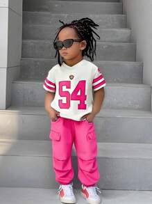 SHEIN 2pcs/Set Baby Girl 0-3T Sporty V-Neck Loose Jersey Top And Relaxed Fit Cargo Sports Pants Set - Multicolor - View 1