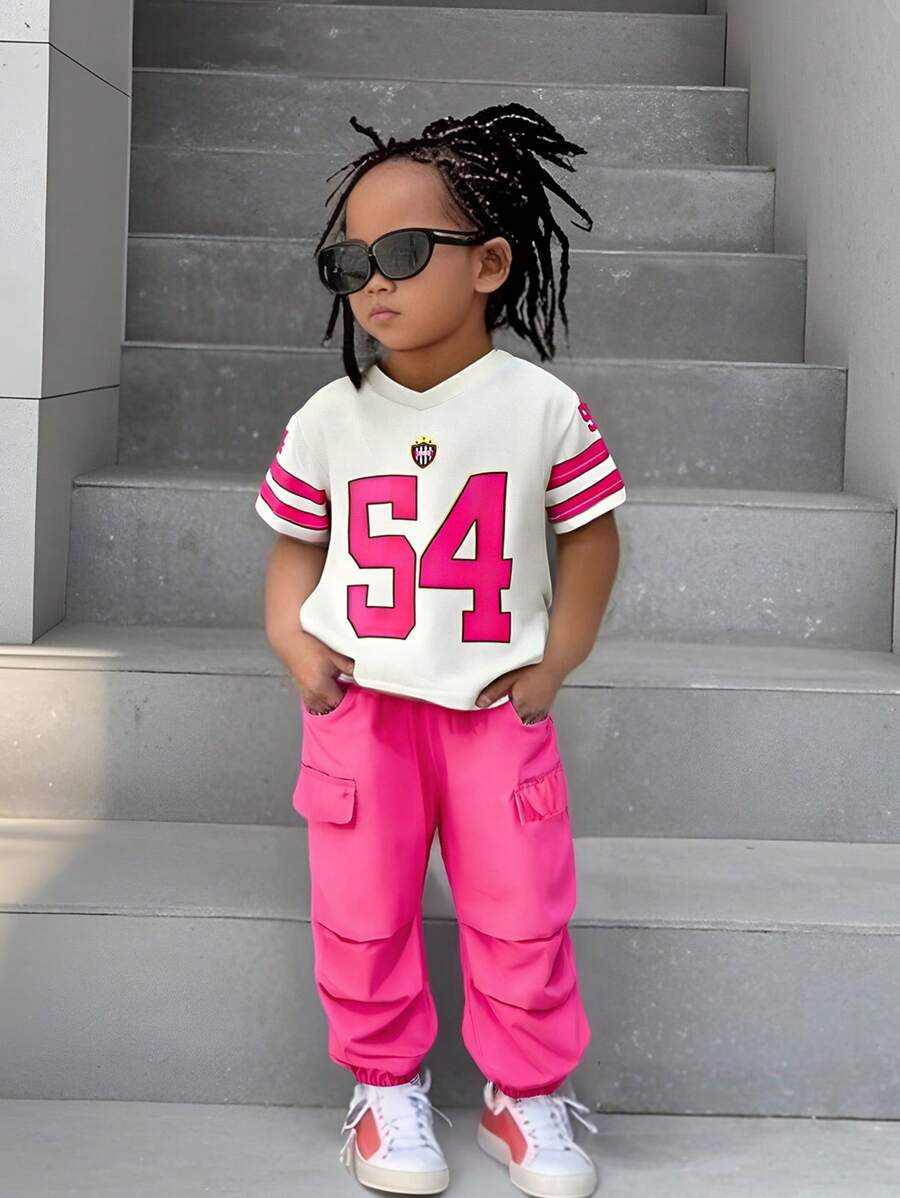 SHEIN 2pcs/Set Baby Girl 0-3T Sporty V-Neck Loose Jersey Top And Relaxed Fit Cargo Sports Pants Set - Multicolor - View 1