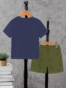 SHEIN 1 Set Baby Boys Cartoon Dinosaur Print T-Shirt & Shorts Outfit, Cute Dino Pattern Tee & Patterned Shorts, Light Fabric For Spring & Summer Everyday Wear