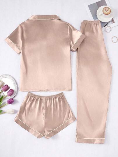 LuxeNights 3 PiecesWomen's Contrast Trim Solid Color Faux Silk Collar Pajama Set view 2