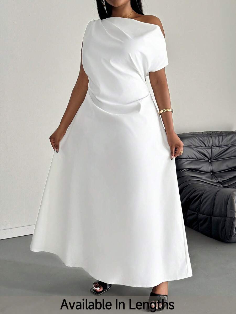 SHEIN PETITE CURVE 大码女式纯色不对称领口荷叶边优雅连衣裙 - 白色 - 查看 1