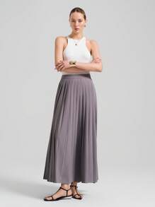 Ontre Women's Grey Side Slit Pleated Elegant Skirt, Office Teacher, Vacation Skirt - Light Grey - View 3