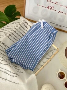 Boys' Casual Comfortable Versatile Striped Printed Pattern Shorts, Suitable For Spring, Summer, Vacation - Blue - View 8