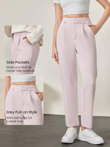 GLOWMODE Quần làm việc cạp cao co giãn chống nhăn Power Hour có túi bên hông, dễ mặc, mặc hàng ngày, đi làm bình thường - Bụi hồng - Xem 6