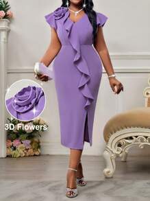 Fleurora 大码优雅3D花卉荷叶边下摆开衩连衣裙，夏季 - 淡紫色 - 查看 7