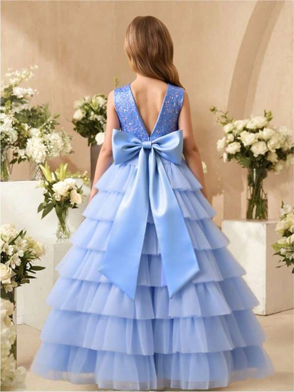 Vestido sin mangas con volantes y lazo elegante para niñas, adecuado para dama de honor, boda, fiesta festiva, todo el año