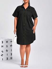 EMERY ROSE Vestido vaquero de manga corta y abotonado al frente, de color liso y talla grande, apropiado para el verano