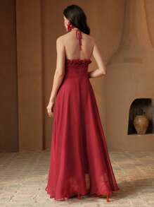 Anewsta Elegante abito midi rosso con spallina a spaghetti, vita arricciata e balza, abito da festa formale di alta qualità mini