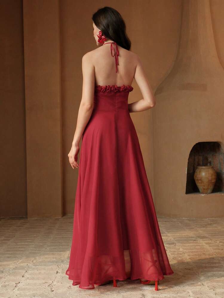 Elegant Red Spaghetti Strap Ruched Waist Flounce Hem Midi Dress, High-End Formal Mini Party Dress