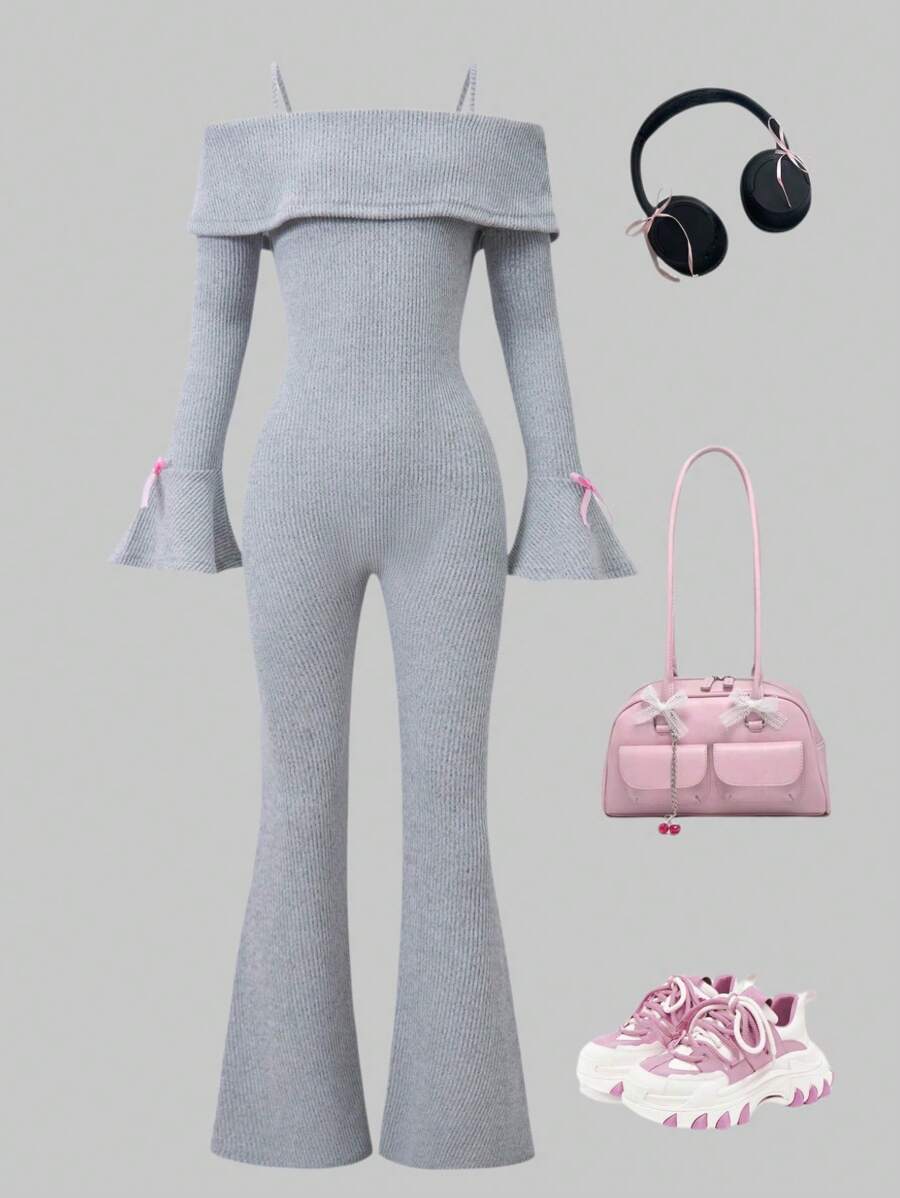 SHEIN Explorewe Tween Girls' Spring & Autumn Off Shoulder Knit Jumpsuit With Butterfly Sleeve & Bow Decor - Grey - View 1