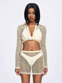 Slaydiva Apricot Light Beige Sheer Mesh Knit Long Sleeve Crop Top And Mini Skirt Co-Ord Two-Piece Set For Women, Summer Seksi Chic Vacation Beach Club Wear - Apricot - View 4