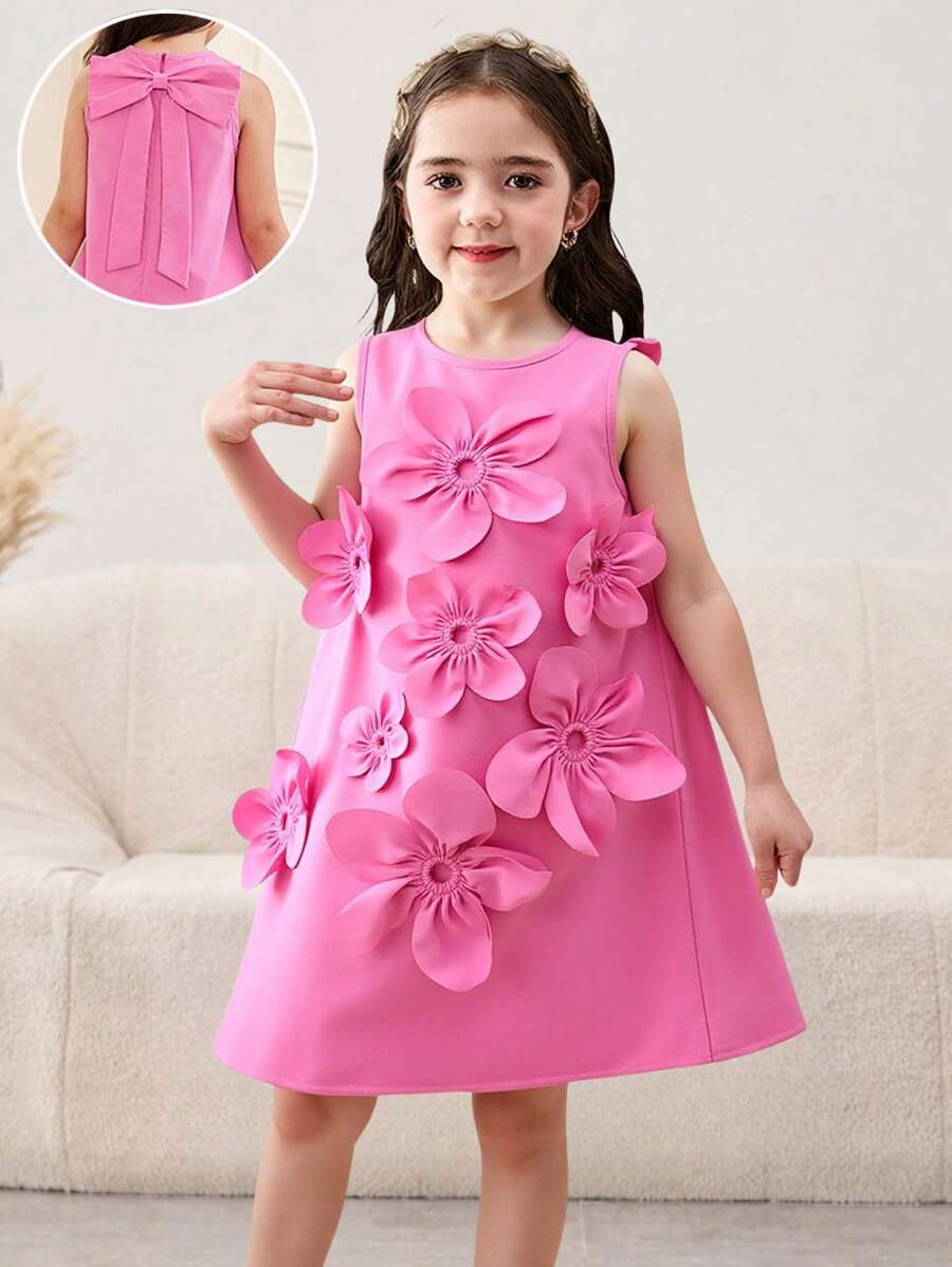 SHEIN Vestido casual y holgado con cuello alto simulado y decoración floral para niñas jóvenes, con estilo minimalista - Rosa Fucsia - Ver 1
