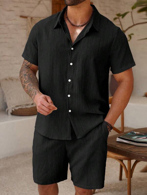 ResortEase Conjunto de camisa de manga corta con botón delantero y pantalones cortos con bolsillos de unicolor talla grande para hombre
