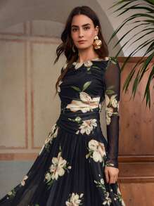 ZEYLAH 女士优雅花卉印花褶饰网眼针织连衣裙 - 黑色 - 查看 4