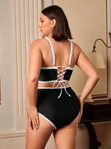 Swim Lushoire Plus Size 2-Piece Swimsuit Set - Spaghetti Strap Top & Triangle Bottoms For Summer Beach Vacation - Black - View 2