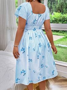 SHEIN MOOSTA Plus Size Women Vacation Floral Print Drawstring Elastic Waist Midi Dress - Blue - View 2