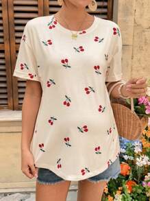 SHEIN T-shirt d'été de maternité décontracté à col rond et épaules tombantes avec imprimé cerises