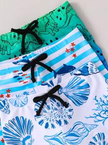 SHEIN 3件套青少年男童休闲度假网色多巴胺恐龙鲨鱼印花彩色宽松梭织沙滩泳衣多件套，三色三件套短裤泳衣沙滩游泳海滩冲浪度假春夏 - 彩色 - 查看 5