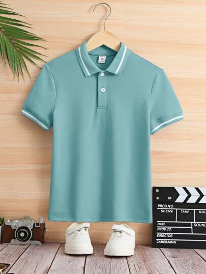 SHEIN Tween Boy Banded Collar Solid Color Knit Short Sleeve Polo Shirt