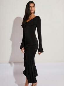 COSMINA Women Solid Color Minimalist Long Sleeve Dress, Casual Everyday Wear