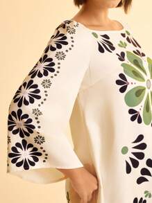 CAJUNI Plus Size Women Bohemian Vacation Print V-Neck Lace-Up Loose Long Sleeve Short Casual Dress - Apricot - View 4