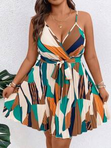Breezaya Vestito mini con fantasia geometrica, bretelline e volant sulla gonna, taglie comode per donna