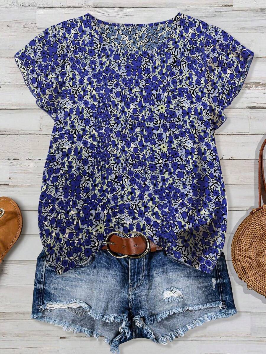 Linhara Plus Size Ditsy Floral Print Short Sleeve Shirt, Fashionable For Summer - Blue - View 1