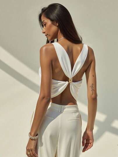 Aloruh 女士优雅纯色荷叶边领无袖衬衫，夏季